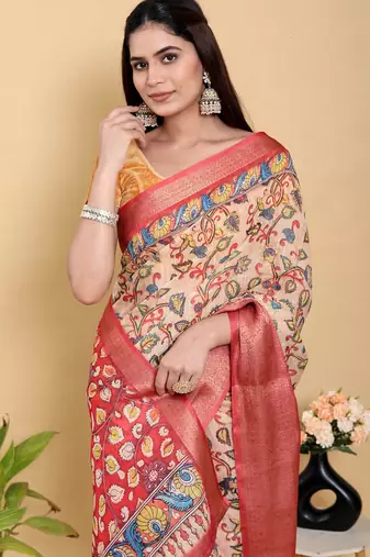 Peach printed art silk designer pallu saree