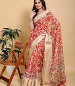 Dark orange printed art silk designer pallu saree