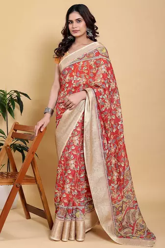 Dark orange printed art silk designer pallu saree