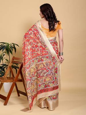 Dark orange printed art silk designer pallu saree 3