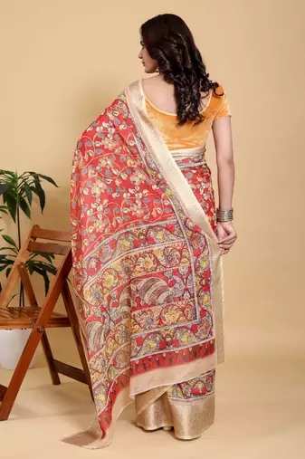Dark orange printed art silk designer pallu saree