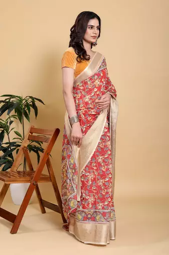 Dark orange printed art silk designer pallu saree