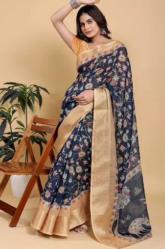 Black printed art silk designer pallu saree