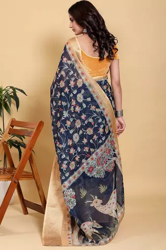 Black printed art silk designer pallu saree