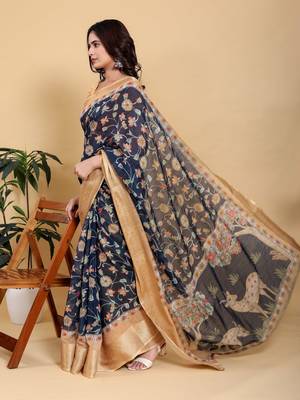Black printed art silk designer pallu saree 4