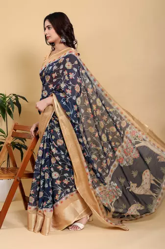 Black printed art silk designer pallu saree