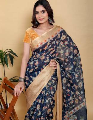 Black printed art silk designer pallu saree 5