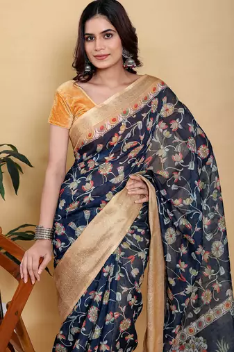 Black printed art silk designer pallu saree