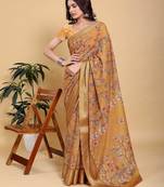 Mustard printed art silk designer pallu saree