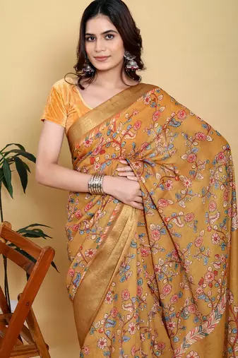 Mustard printed art silk designer pallu saree