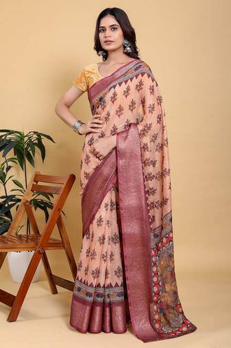 Peach printed art silk designer pallu saree