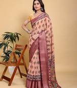 Peach printed art silk designer pallu saree