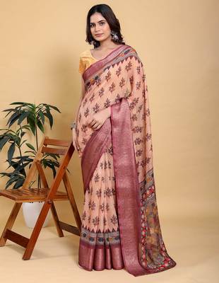 Peach printed art silk designer pallu saree 2
