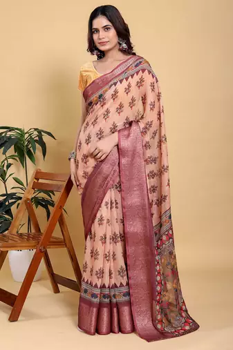 Peach printed art silk designer pallu saree