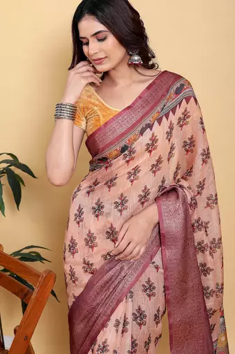 Peach printed art silk designer pallu saree