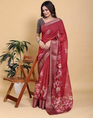 Red printed art silk designer pallu saree 1