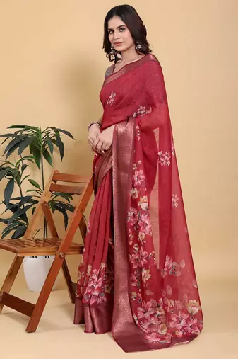 Red printed art silk designer pallu saree