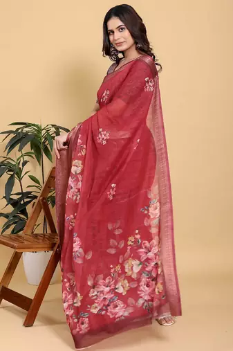 Red printed art silk designer pallu saree