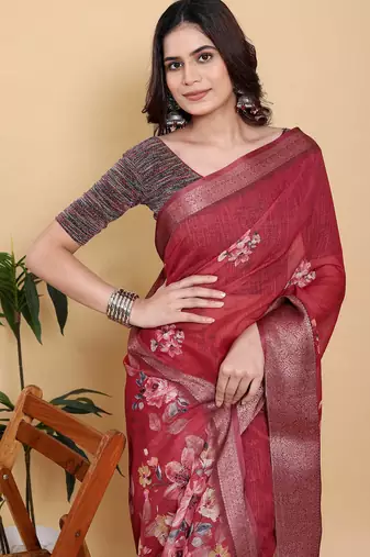 Red printed art silk designer pallu saree