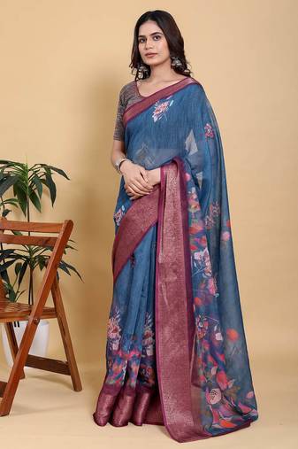 Teal printed art silk designer pallu saree