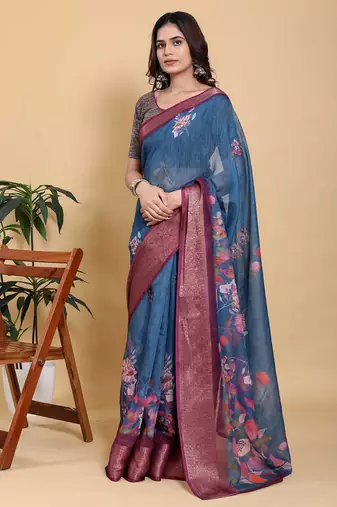 Teal printed art silk designer pallu saree