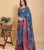 Teal printed art silk designer pallu saree