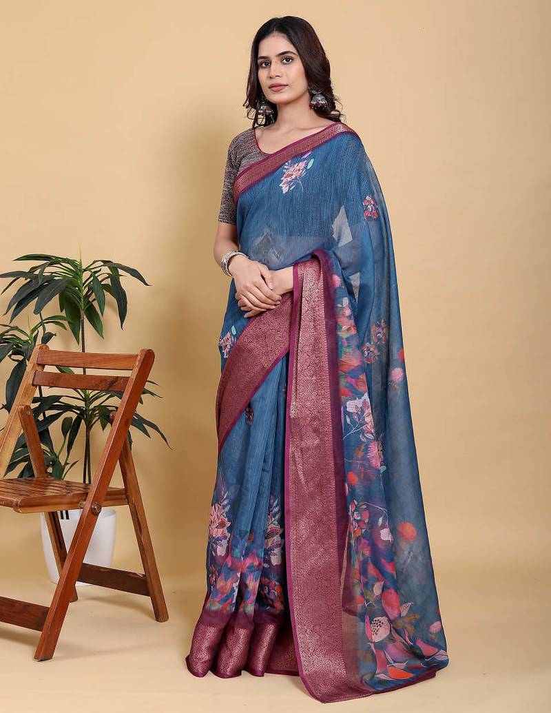 Teal printed art silk designer pallu saree