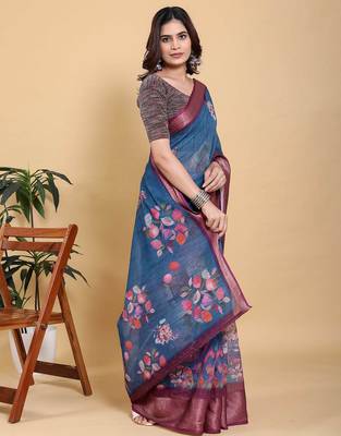 Teal printed art silk designer pallu saree 2