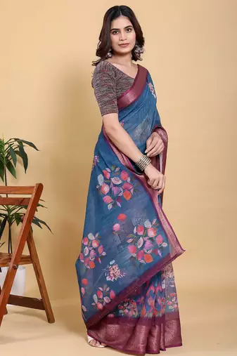 Teal printed art silk designer pallu saree