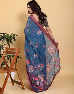 Teal printed art silk designer pallu saree 3