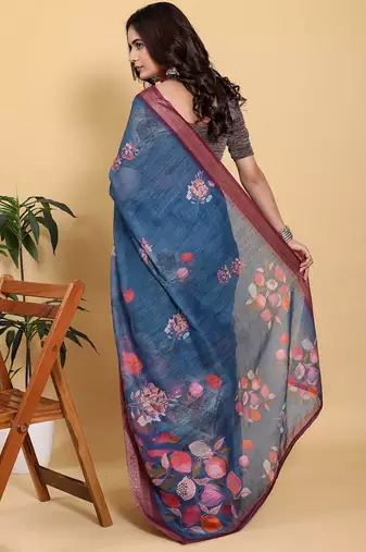 Teal printed art silk designer pallu saree