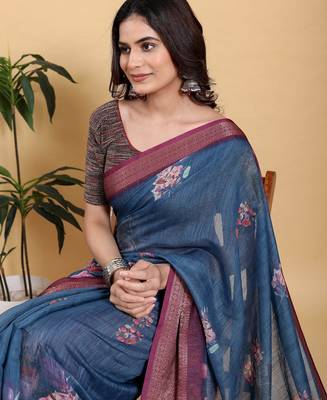 Teal printed art silk designer pallu saree 5
