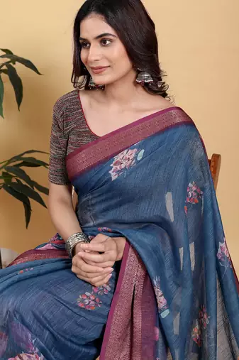 Teal printed art silk designer pallu saree