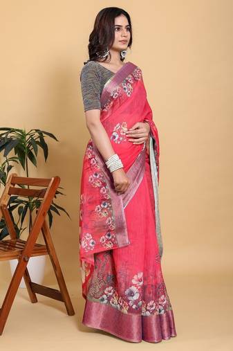 Hot pink printed art silk designer pallu saree