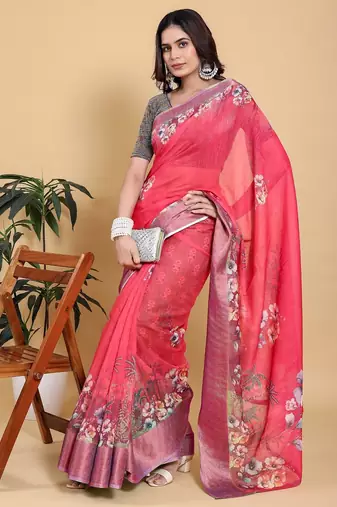 Hot pink printed art silk designer pallu saree