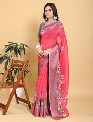 Hot pink printed art silk designer pallu saree 4