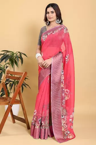 Hot pink printed art silk designer pallu saree