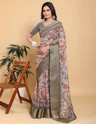 Grey printed art silk designer pallu saree 1