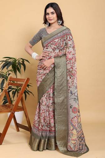 Grey printed art silk designer pallu saree
