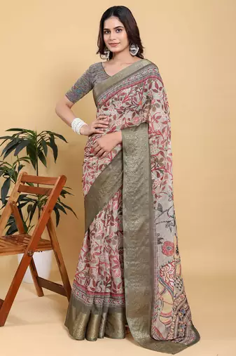 Grey printed art silk designer pallu saree