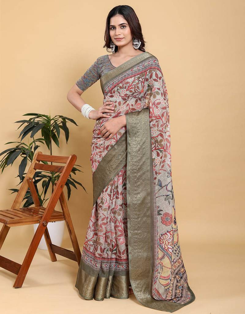 Grey printed art silk designer pallu saree