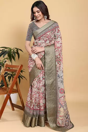 Grey printed art silk designer pallu saree