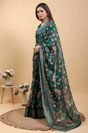 Green printed art silk designer pallu saree