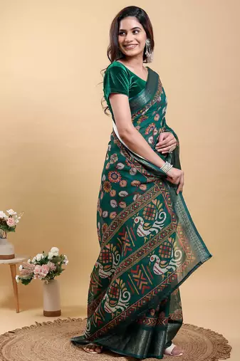 Green printed art silk designer pallu saree
