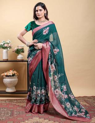 Green printed art silk designer pallu saree 1