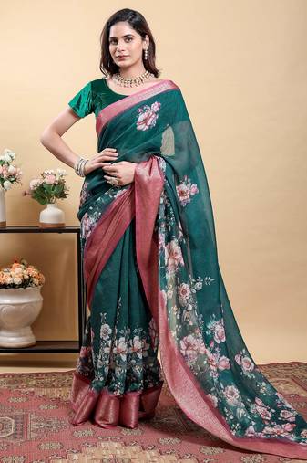 Green printed art silk designer pallu saree