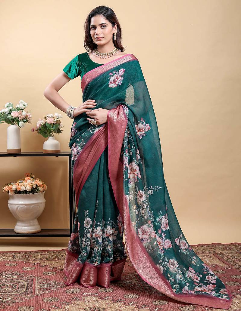 Green printed art silk designer pallu saree