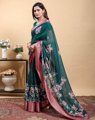 Green printed art silk designer pallu saree 2