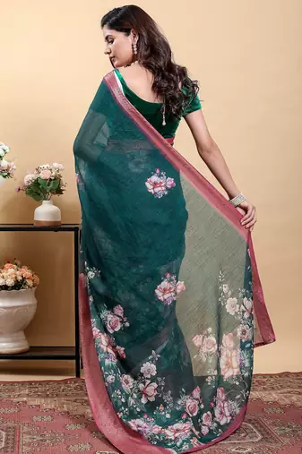 Green printed art silk designer pallu saree