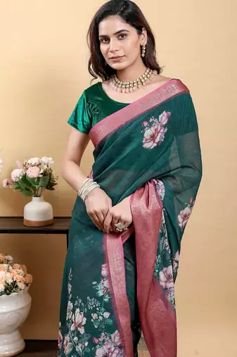 Green printed art silk designer pallu saree